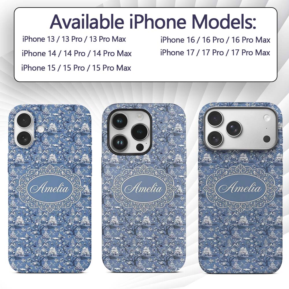 Detailed Blue Chinoiserie Garden Birds Pagoda Custom Name Protective Phone Case Mobile Cover Durable Everyday Smartphone Shock Resistant