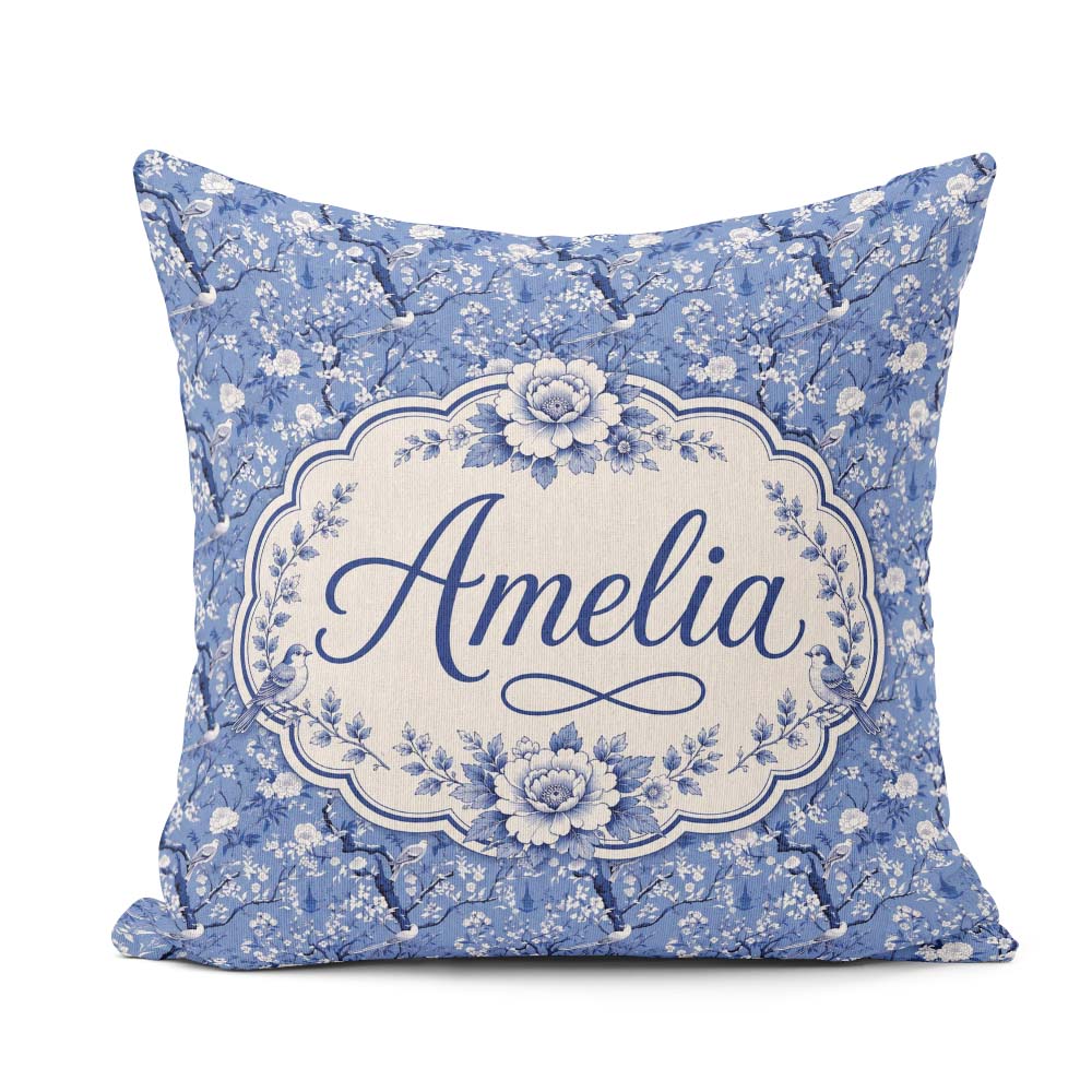 Custom Name Blue Blossom Tree Birds Oriental Scenic Pattern Name Square Filled Cushion Throw Pillow Sofa Bed Home Decor Zip Washable UK Made