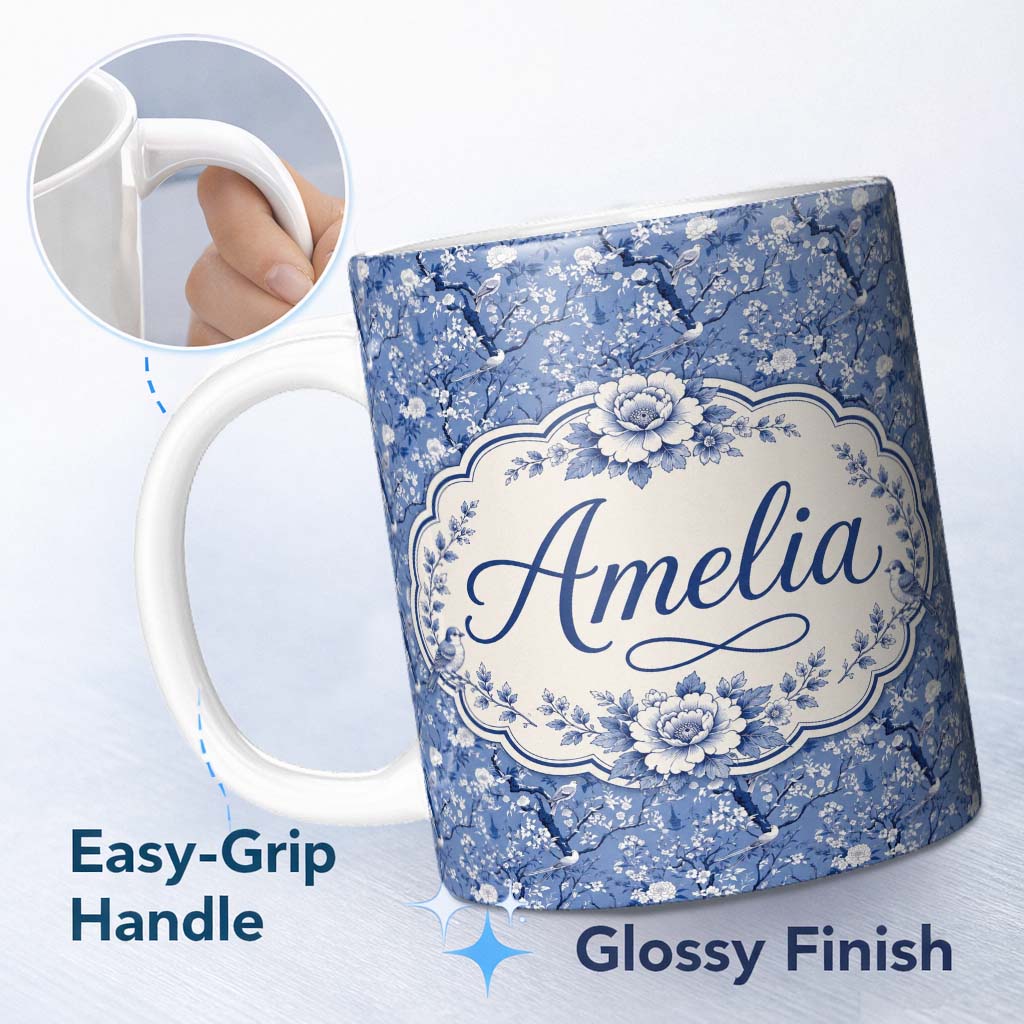 Personalized Custom Name Blue Blossom Tree Birds Oriental Scenic Seamless Pattern Name Cute 11oz Ceramic Coffee Tea Mug White Large Handle