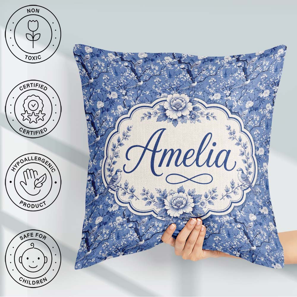 Custom Name Blue Blossom Tree Birds Oriental Scenic Pattern Name Square Filled Cushion Throw Pillow Sofa Bed Home Decor Zip Washable UK Made