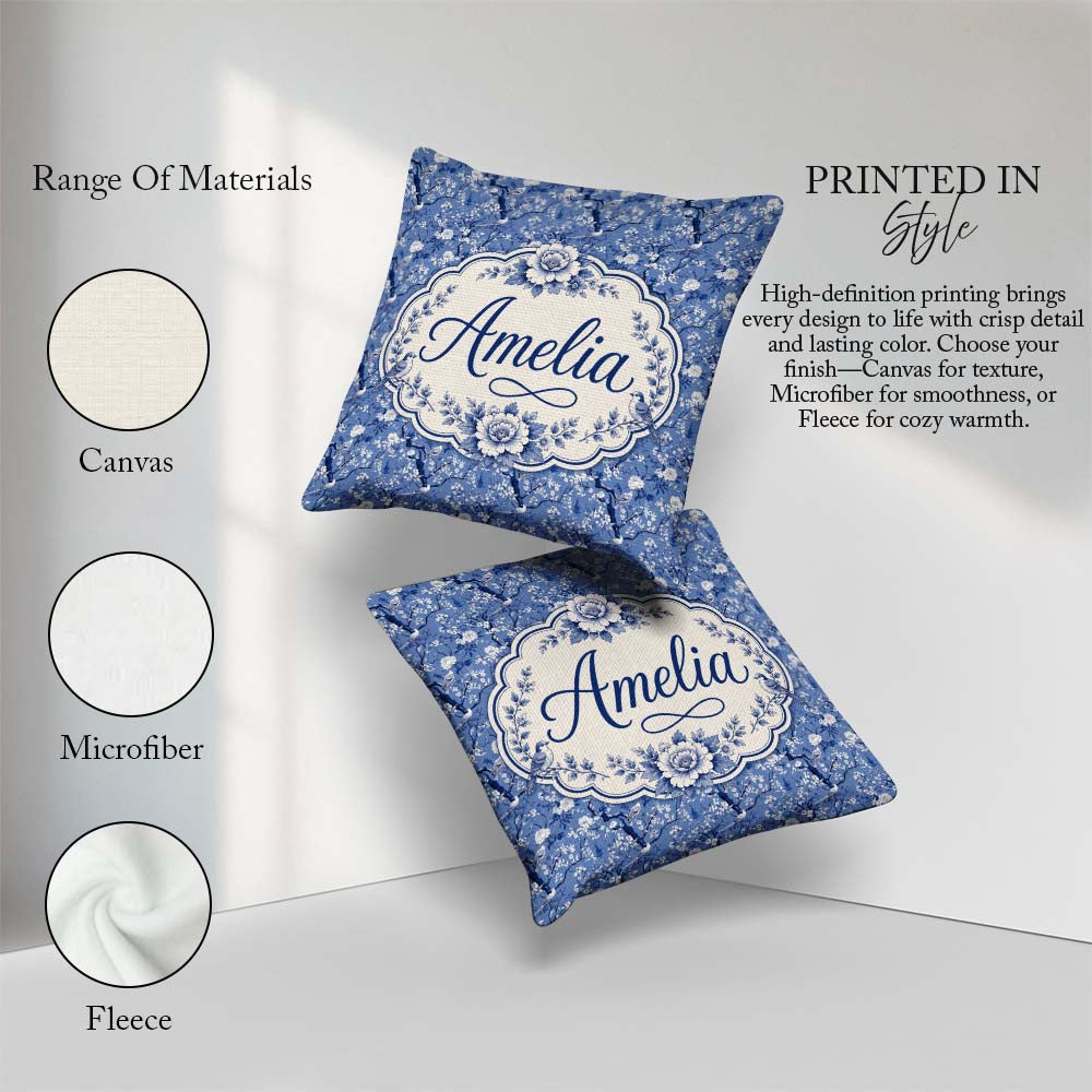 Custom Name Blue Blossom Tree Birds Oriental Scenic Pattern Name Square Filled Cushion Throw Pillow Sofa Bed Home Decor Zip Washable UK Made