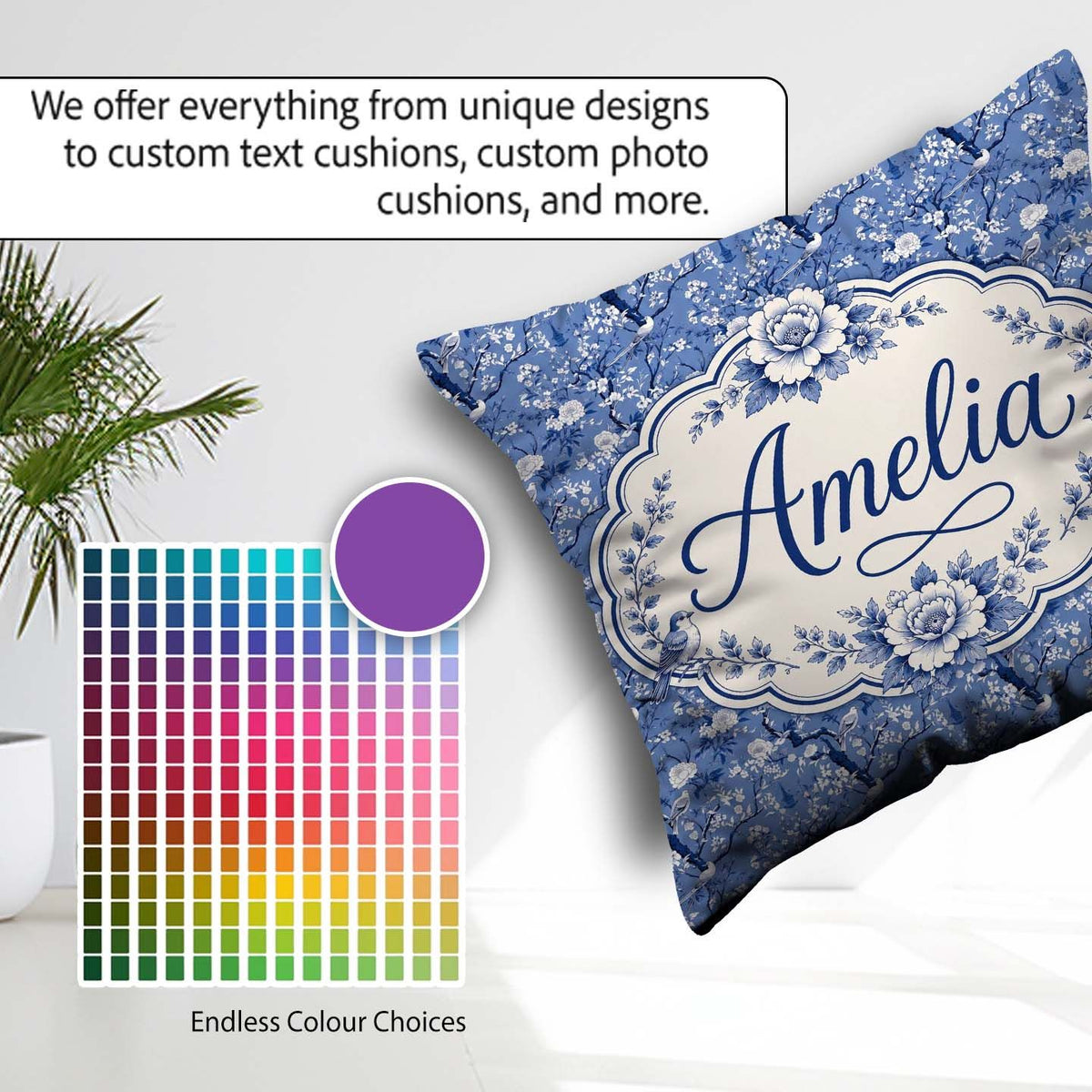 Custom Name Blue Blossom Tree Birds Oriental Scenic Pattern Name Square Filled Cushion Throw Pillow Sofa Bed Home Decor Zip Washable UK Made