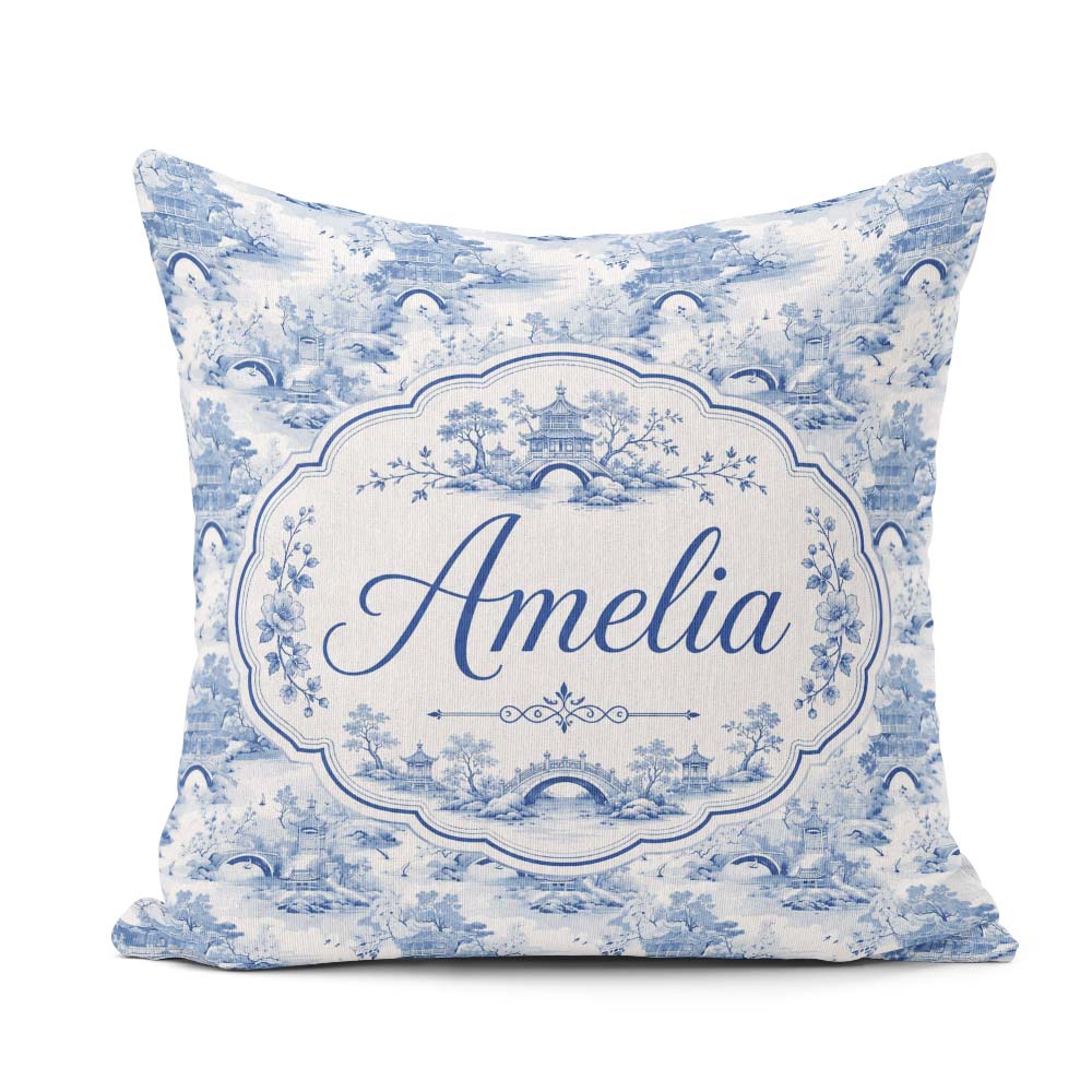 Custom Name Light Blue Asian Bridge Garden Seamless Pattern Name Square Filled Cushion Throw Pillow Sofa Bed Home Decor Zip Washable UK Made