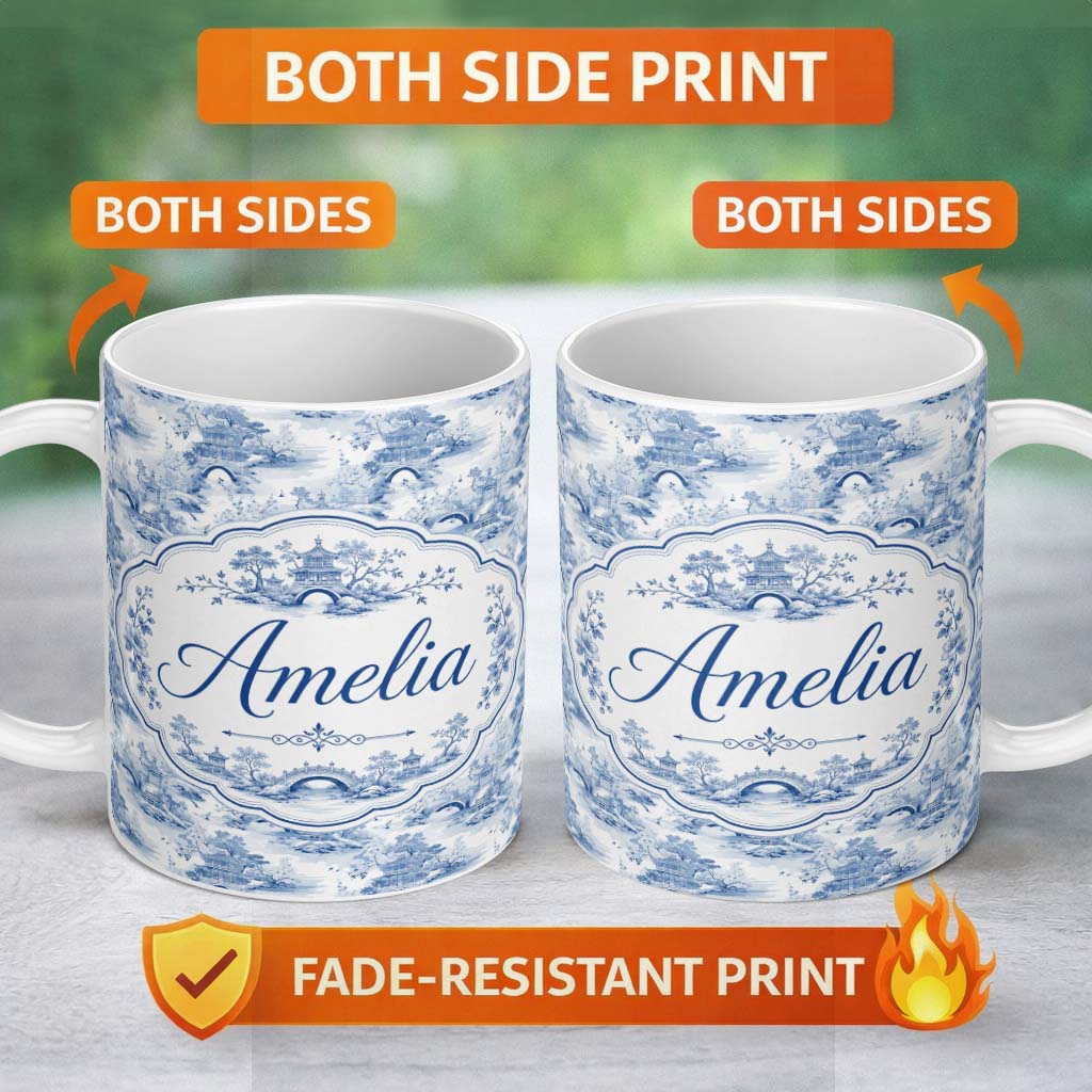 Personalized Custom Name Light Blue Asian Bridge Garden Scenic Seamless Pattern Name Cute 11oz Ceramic Coffee Tea Mug White Large Handle