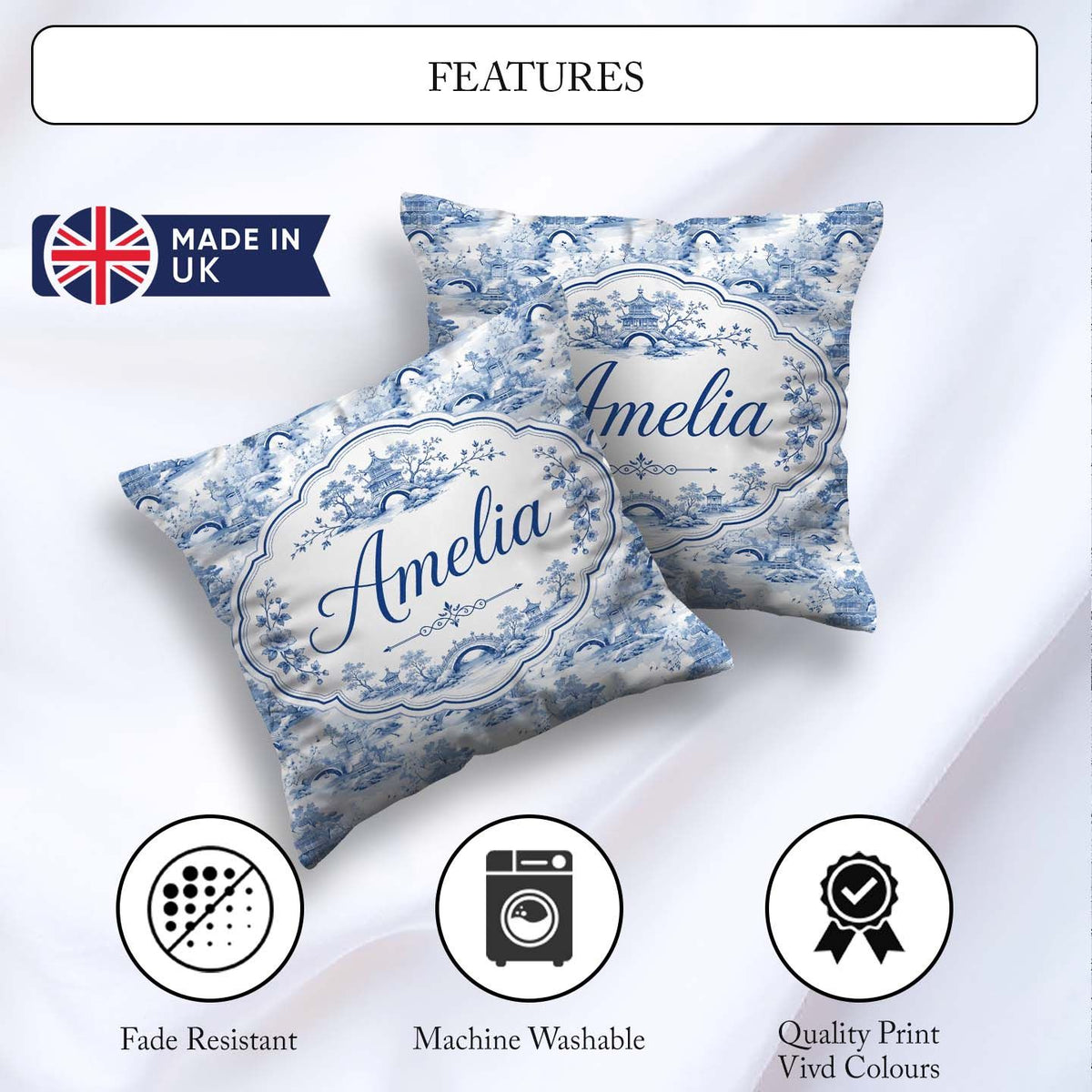 Custom Name Light Blue Asian Bridge Garden Seamless Pattern Name Square Filled Cushion Throw Pillow Sofa Bed Home Decor Zip Washable UK Made