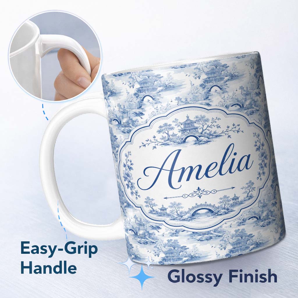 Personalized Custom Name Light Blue Asian Bridge Garden Scenic Seamless Pattern Name Cute 11oz Ceramic Coffee Tea Mug White Large Handle