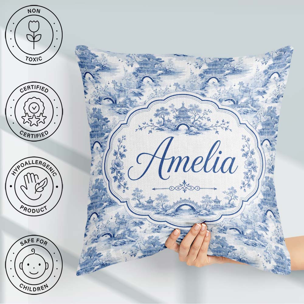 Custom Name Light Blue Asian Bridge Garden Seamless Pattern Name Square Filled Cushion Throw Pillow Sofa Bed Home Decor Zip Washable UK Made
