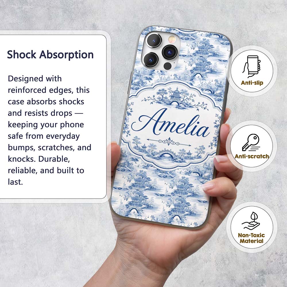 Light Blue Asian Bridge Garden Scenic Seamless Custom Name Protective Phone Case Mobile Cover Durable Everyday Smartphone Shock Resistant