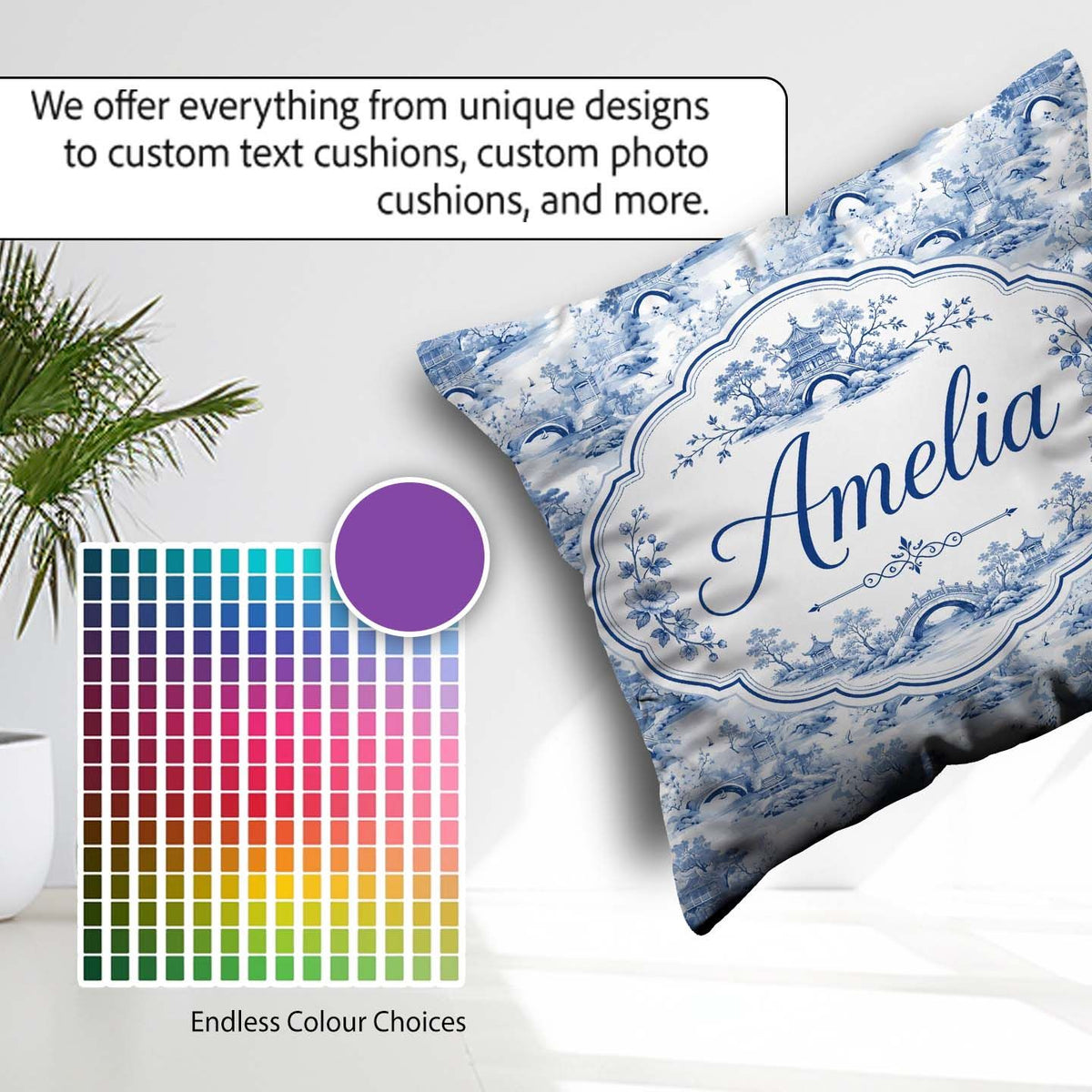 Custom Name Light Blue Asian Bridge Garden Seamless Pattern Name Square Filled Cushion Throw Pillow Sofa Bed Home Decor Zip Washable UK Made