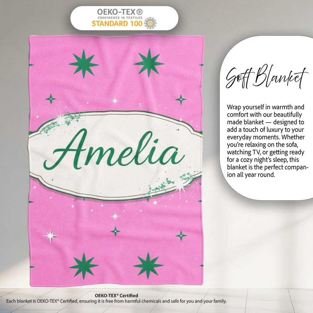 Green Star Shapes on Pink Background Seamless Pattern Lovely Personalised Custom Name Super Soft Fleece Blanket Bed Sofa Throw