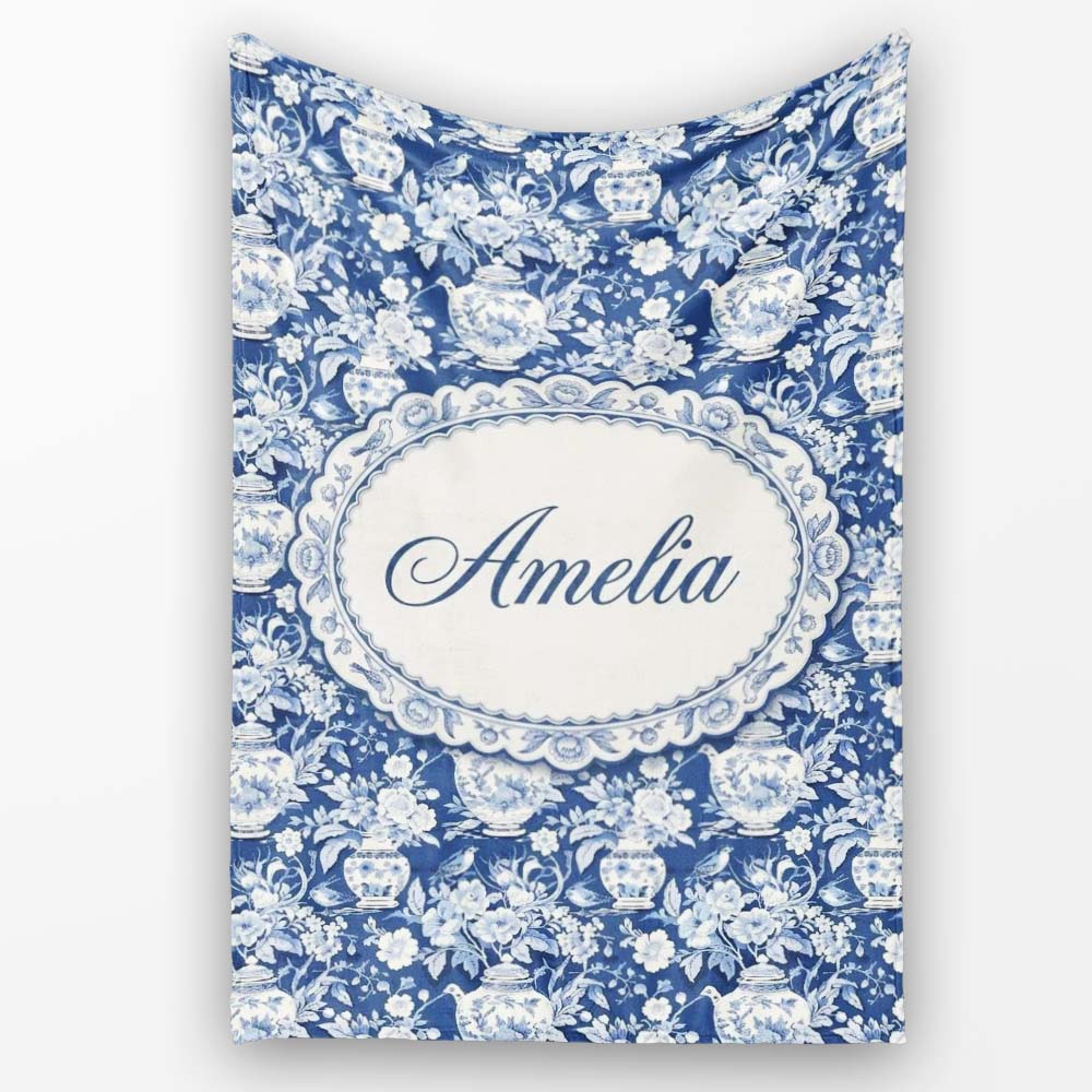 Vintage Blue Porcelain Floral Vase Bird Seamless Pattern Name Cute Personalised Custom Name Super Soft Fleece Blanket Bed Sofa Throw