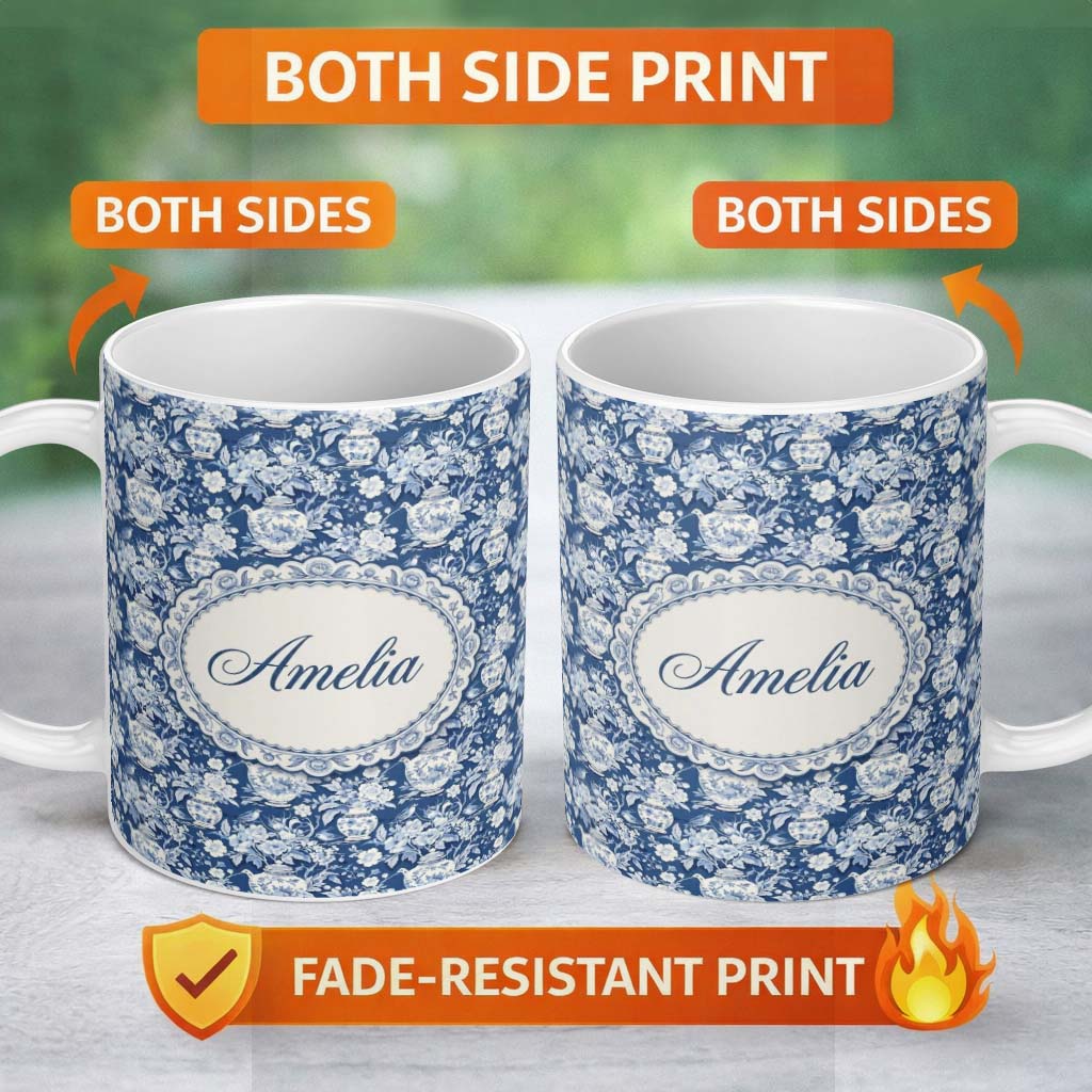 Personalized Custom Name Vintage Blue Porcelain Floral Vase Bird Seamless Pattern Name Cute 11oz Ceramic Coffee Tea Mug White Large Handle