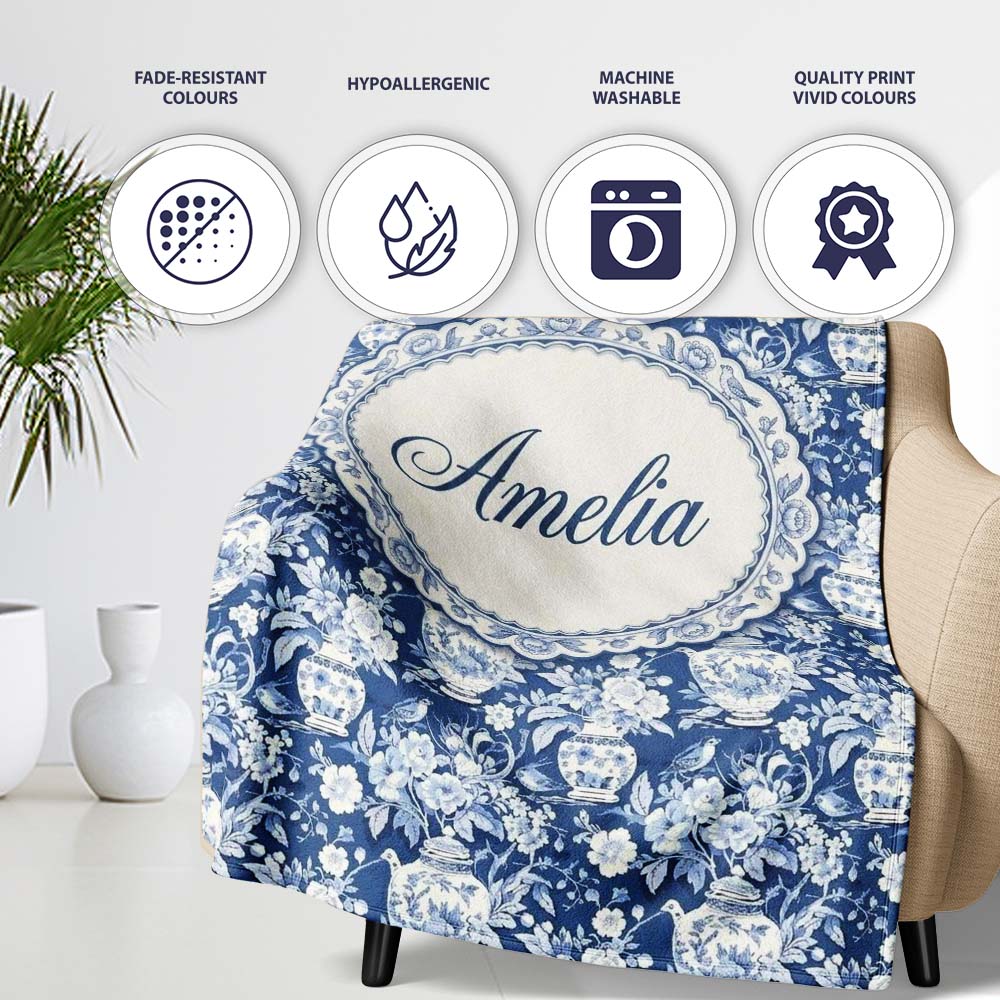 Vintage Blue Porcelain Floral Vase Bird Seamless Pattern Name Cute Personalised Custom Name Super Soft Fleece Blanket Bed Sofa Throw