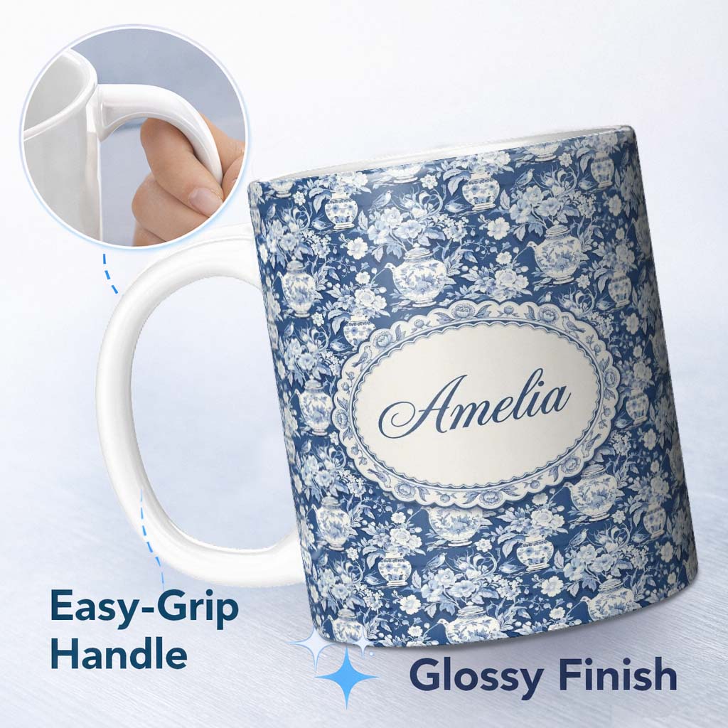 Personalized Custom Name Vintage Blue Porcelain Floral Vase Bird Seamless Pattern Name Cute 11oz Ceramic Coffee Tea Mug White Large Handle