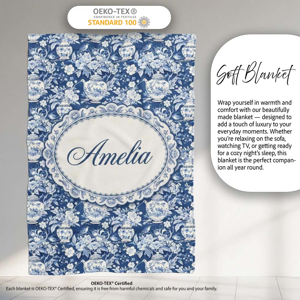 Vintage Blue Porcelain Floral Vase Bird Seamless Pattern Name Cute Personalised Custom Name Super Soft Fleece Blanket Bed Sofa Throw