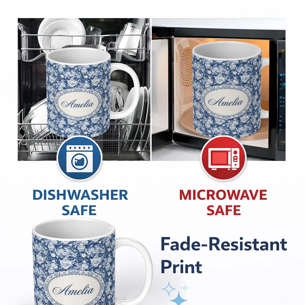 Personalized Custom Name Vintage Blue Porcelain Floral Vase Bird Seamless Pattern Name Cute 11oz Ceramic Coffee Tea Mug White Large Handle