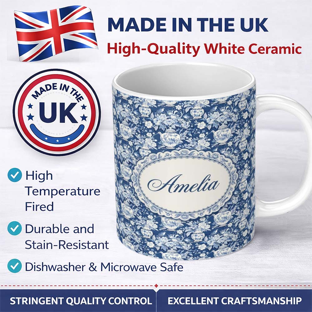 Personalized Custom Name Vintage Blue Porcelain Floral Vase Bird Seamless Pattern Name Cute 11oz Ceramic Coffee Tea Mug White Large Handle