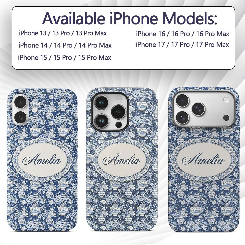 Vintage Blue Porcelain Floral Vase Bird Seamless Custom Name Protective Phone Case Mobile Cover Durable Everyday Smartphone Shock Resistant
