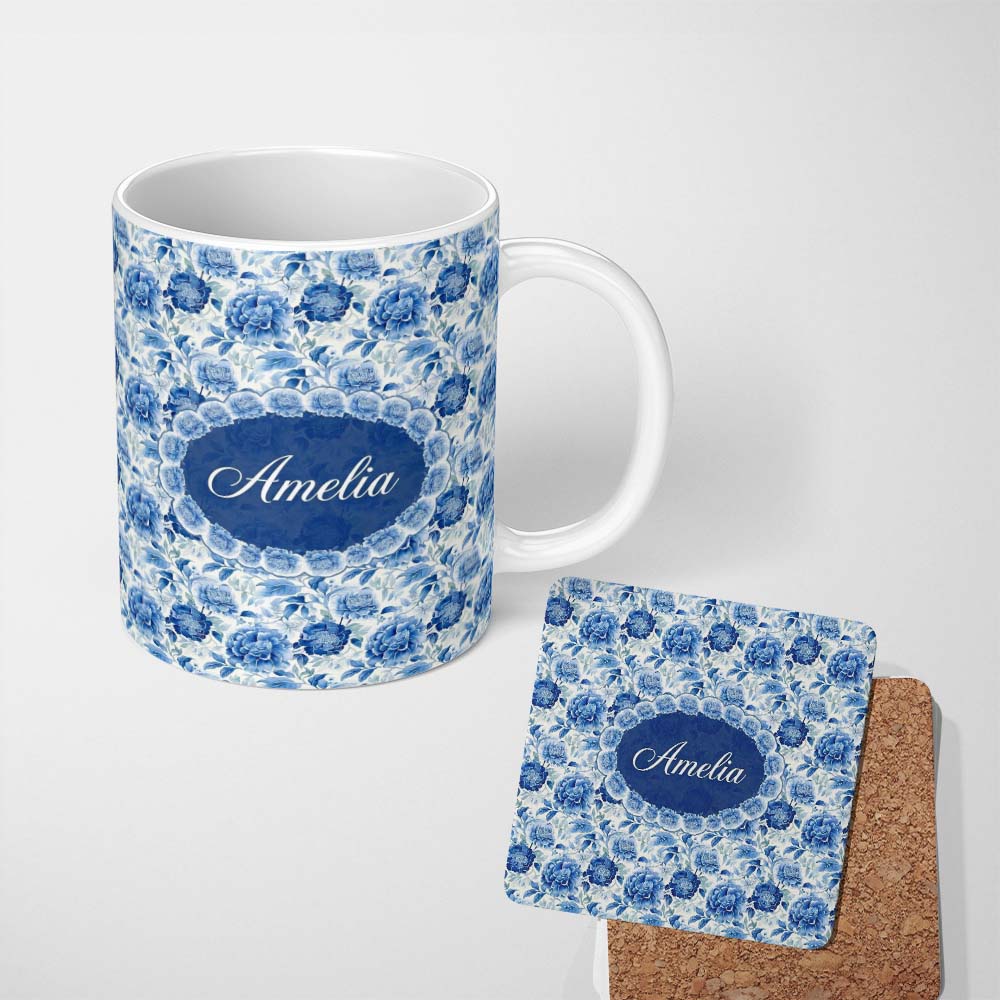 Personalized Custom Name Soft Blue Peony Floral Seamless Botanical Elegant Pattern Custom 11oz Ceramic Coffee Tea Mug White Large Handle