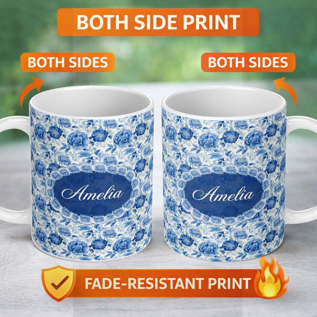 Personalized Custom Name Soft Blue Peony Floral Seamless Botanical Elegant Pattern Custom 11oz Ceramic Coffee Tea Mug White Large Handle