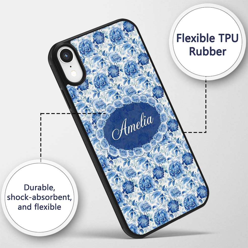 Soft Blue Peony Floral Seamless Botanical Elegant Custom Name Protective Phone Case Mobile Cover Durable Everyday Smartphone Shock Resistant