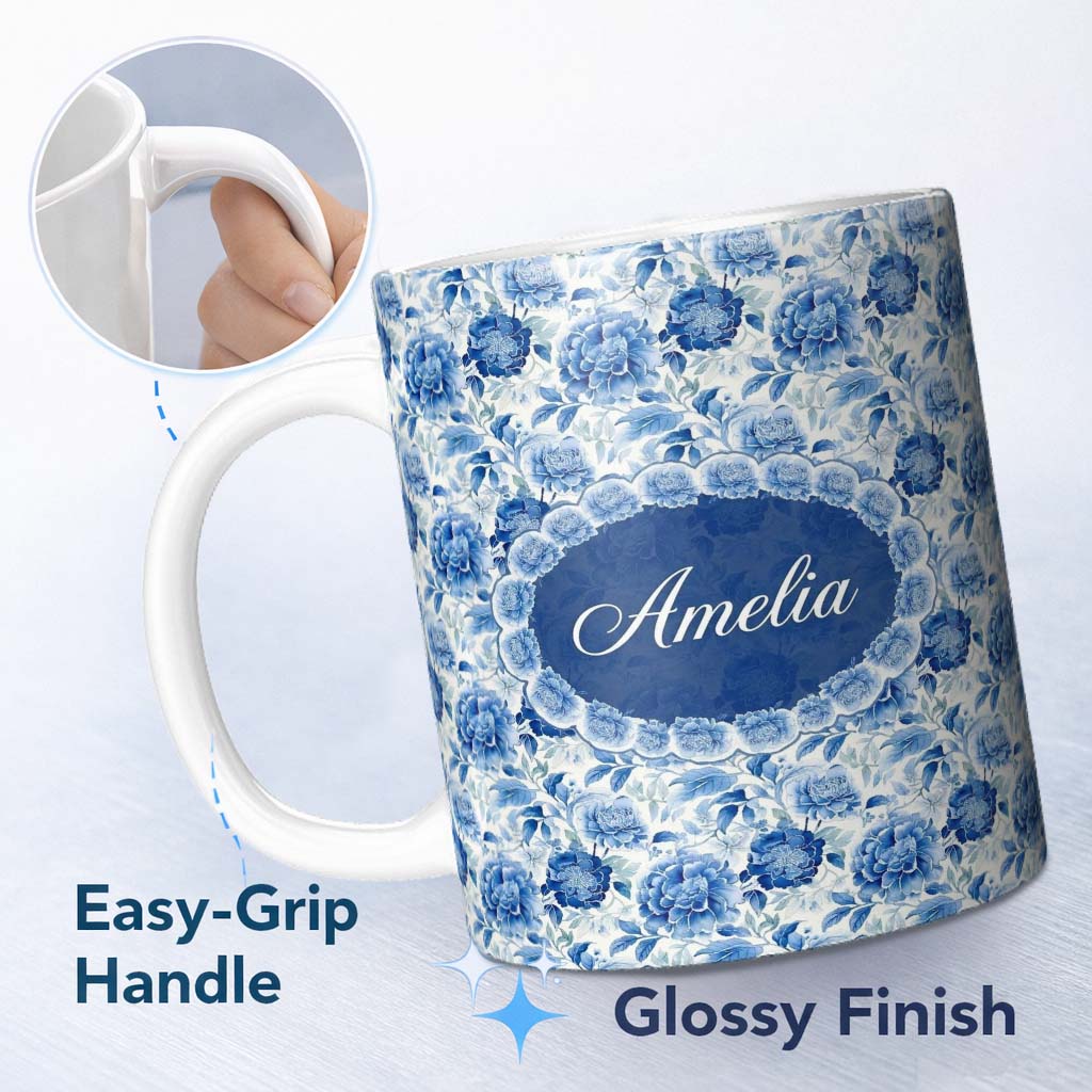 Personalized Custom Name Soft Blue Peony Floral Seamless Botanical Elegant Pattern Custom 11oz Ceramic Coffee Tea Mug White Large Handle