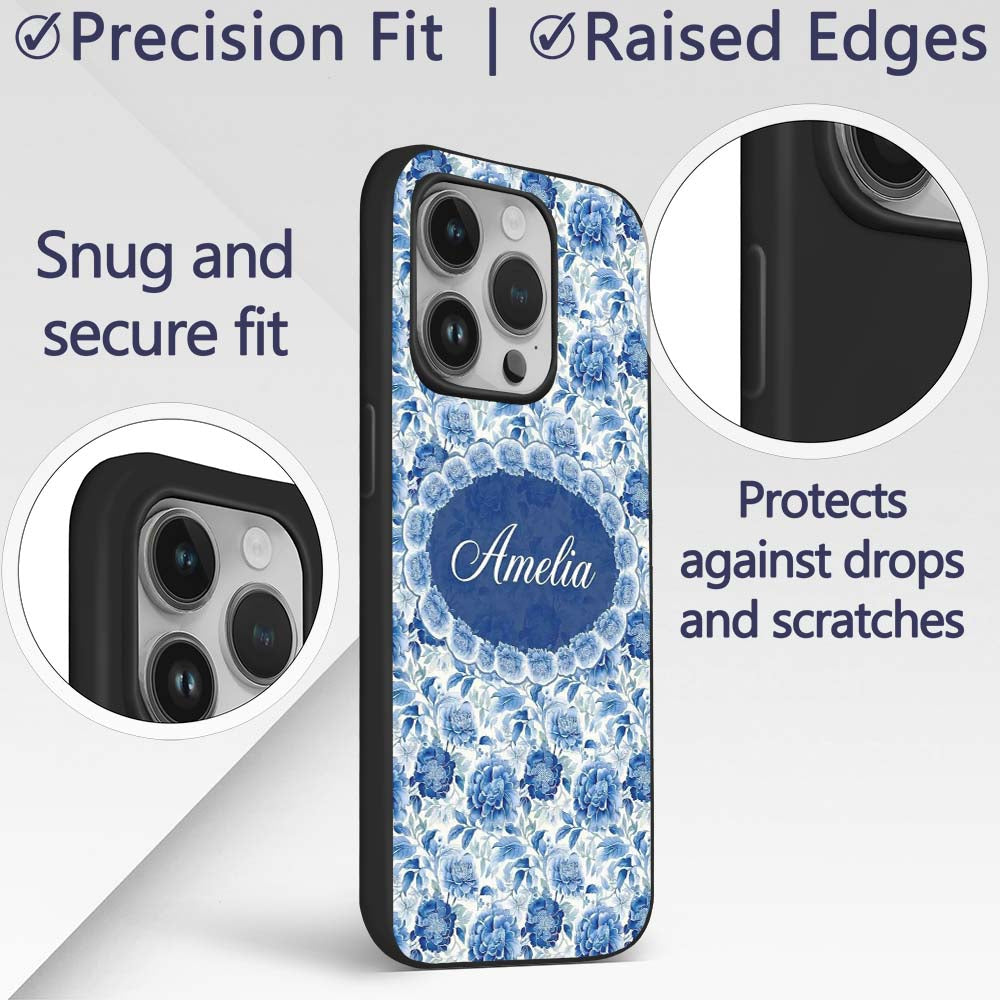 Soft Blue Peony Floral Seamless Botanical Elegant Custom Name Protective Phone Case Mobile Cover Durable Everyday Smartphone Shock Resistant