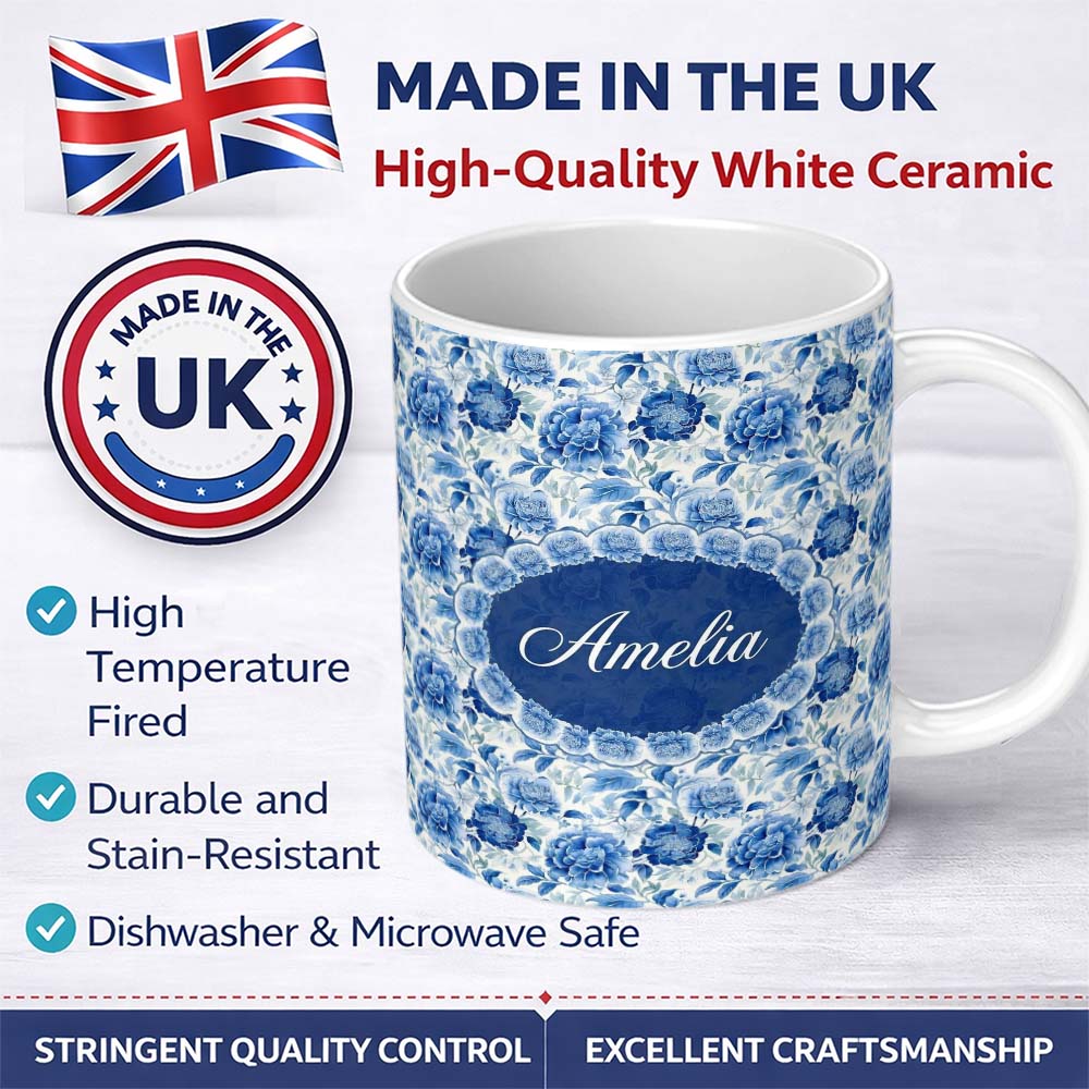 Personalized Custom Name Soft Blue Peony Floral Seamless Botanical Elegant Pattern Custom 11oz Ceramic Coffee Tea Mug White Large Handle