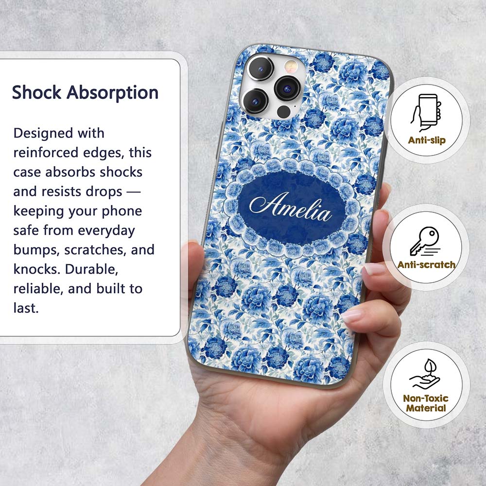 Soft Blue Peony Floral Seamless Botanical Elegant Custom Name Protective Phone Case Mobile Cover Durable Everyday Smartphone Shock Resistant
