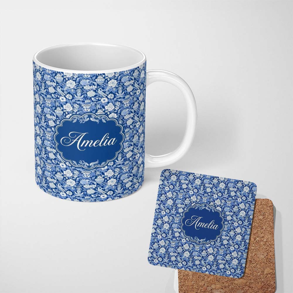 Personalized Custom Name Classic Blue and White Oriental Garden Scenic Seamless Pattern Name 11oz Ceramic Coffee Tea Mug White Large Handle