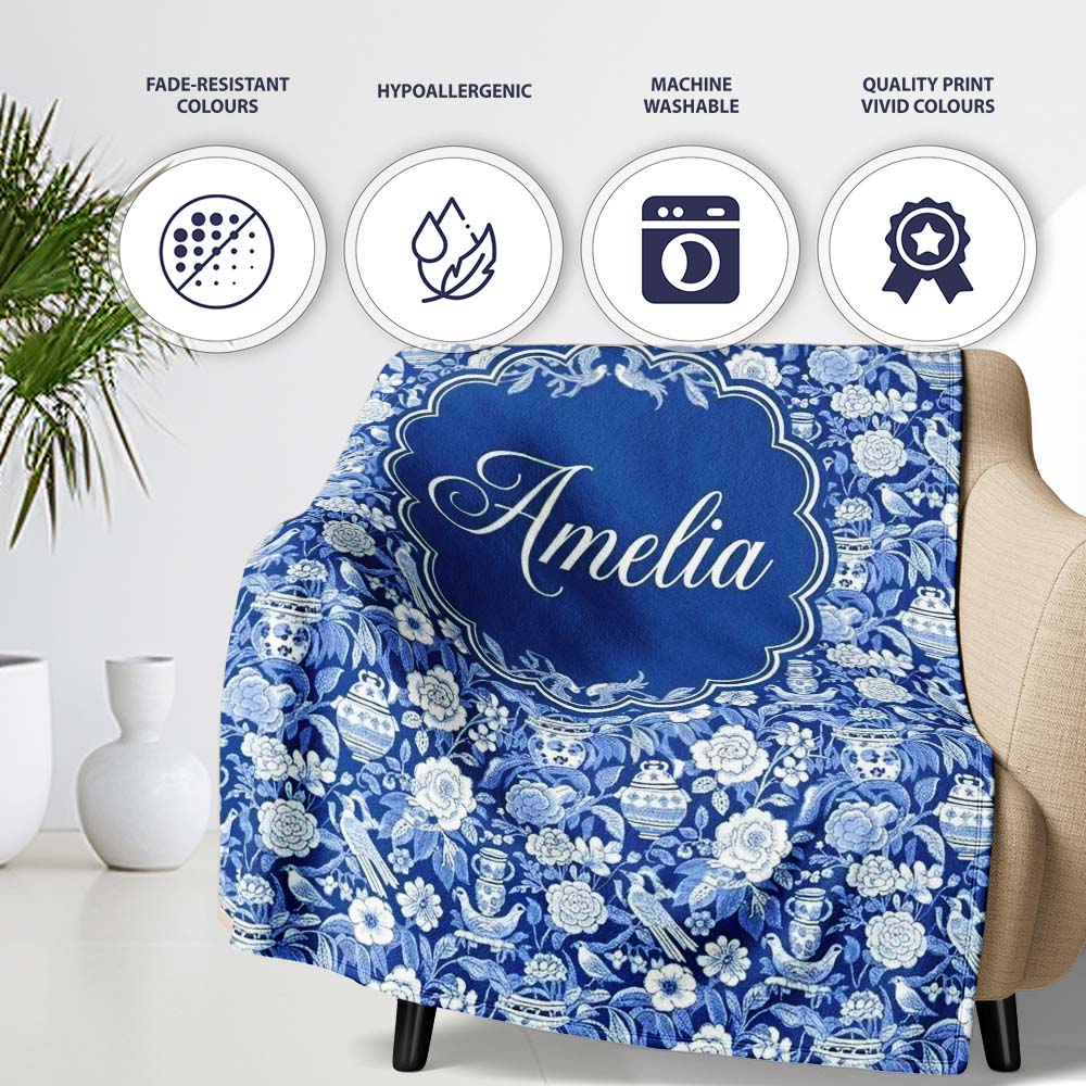 Classic Blue and White Oriental Garden Scenic Seamless Pattern Name Personalised Custom Name Super Soft Fleece Blanket Bed Sofa Throw