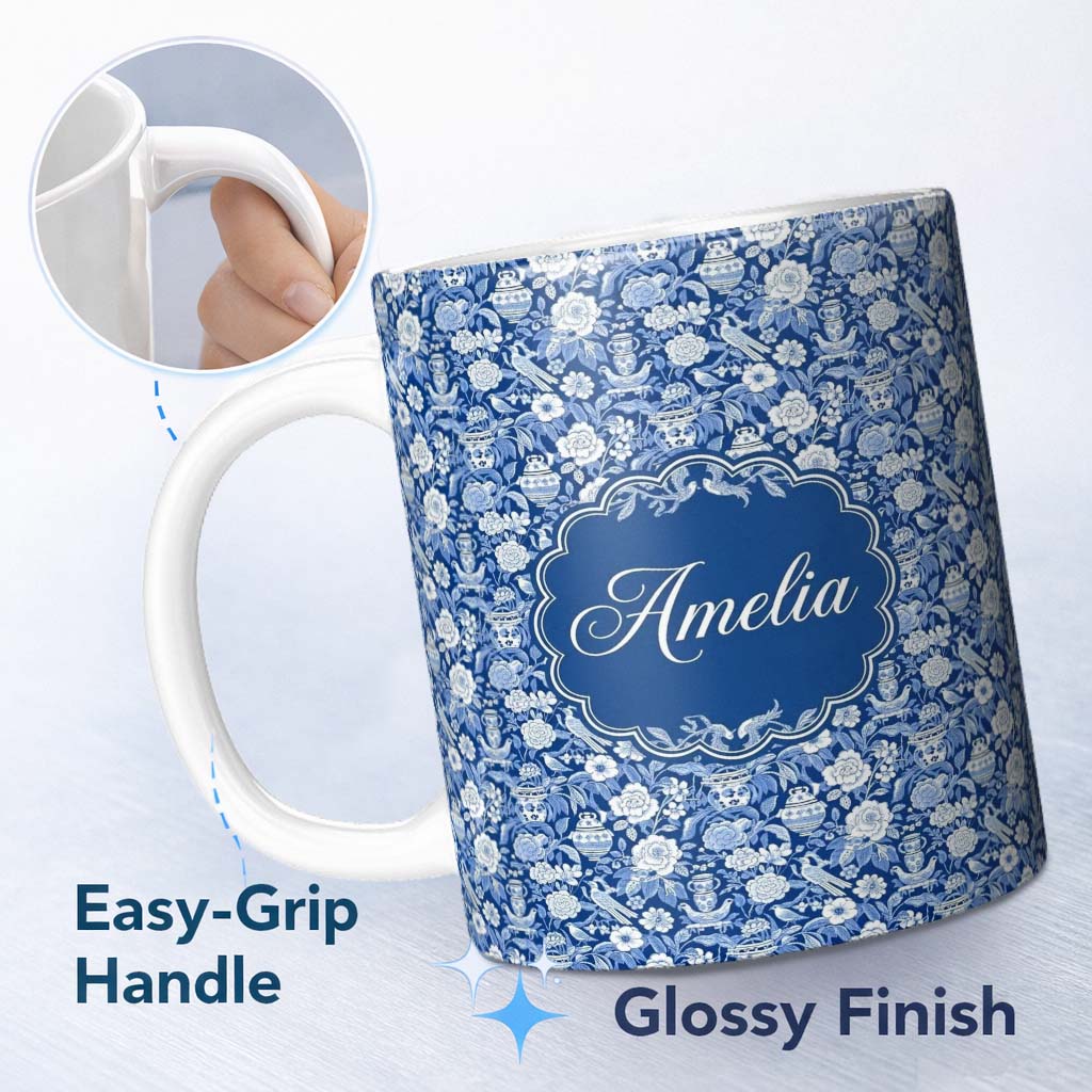 Personalized Custom Name Classic Blue and White Oriental Garden Scenic Seamless Pattern Name 11oz Ceramic Coffee Tea Mug White Large Handle