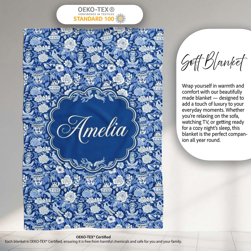 Classic Blue and White Oriental Garden Scenic Seamless Pattern Name Personalised Custom Name Super Soft Fleece Blanket Bed Sofa Throw