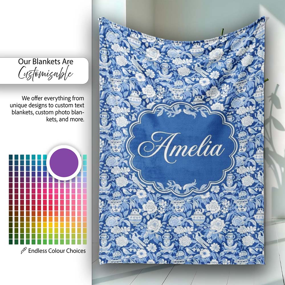 Classic Blue and White Oriental Garden Scenic Seamless Pattern Name Personalised Custom Name Super Soft Fleece Blanket Bed Sofa Throw