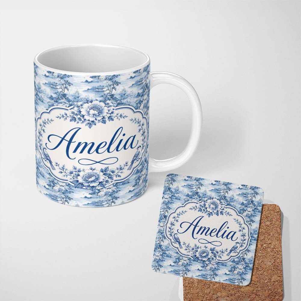 Personalized Custom Name Blue Landscape Pagoda Tree Scenic Oriental Seamless Pattern Name 11oz Ceramic Coffee Tea Mug White Large Handle