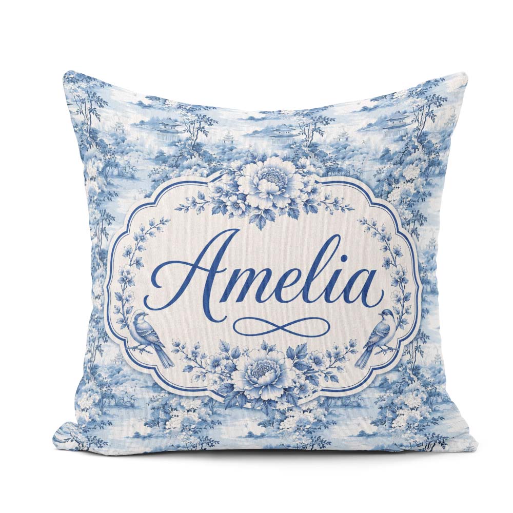 Custom Name Blue Landscape Pagoda Tree Oriental Seamless Pattern Square Filled Cushion Throw Pillow Sofa Bed Home Decor Zip Washable UK Made