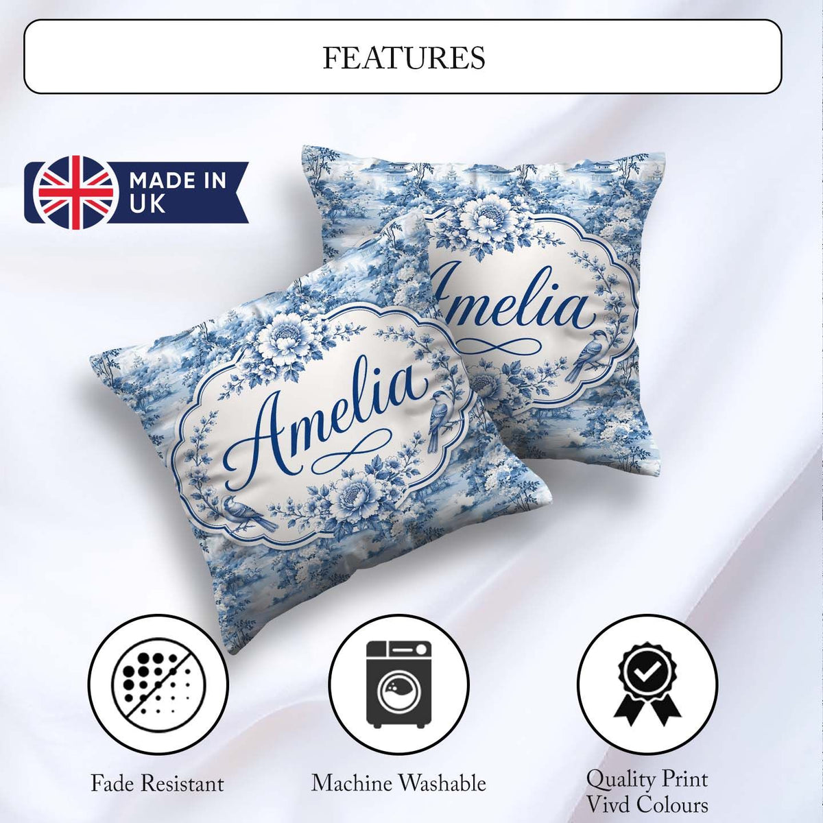 Custom Name Blue Landscape Pagoda Tree Oriental Seamless Pattern Square Filled Cushion Throw Pillow Sofa Bed Home Decor Zip Washable UK Made