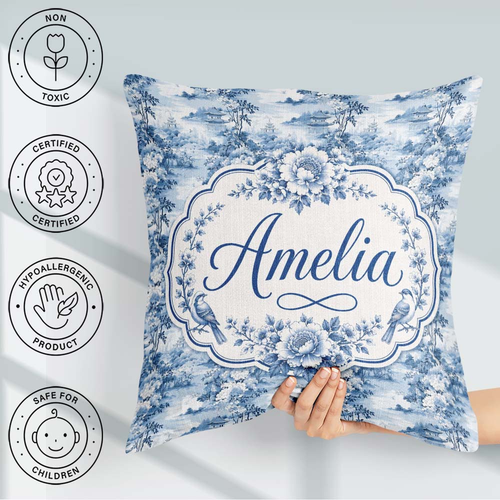 Custom Name Blue Landscape Pagoda Tree Oriental Seamless Pattern Square Filled Cushion Throw Pillow Sofa Bed Home Decor Zip Washable UK Made