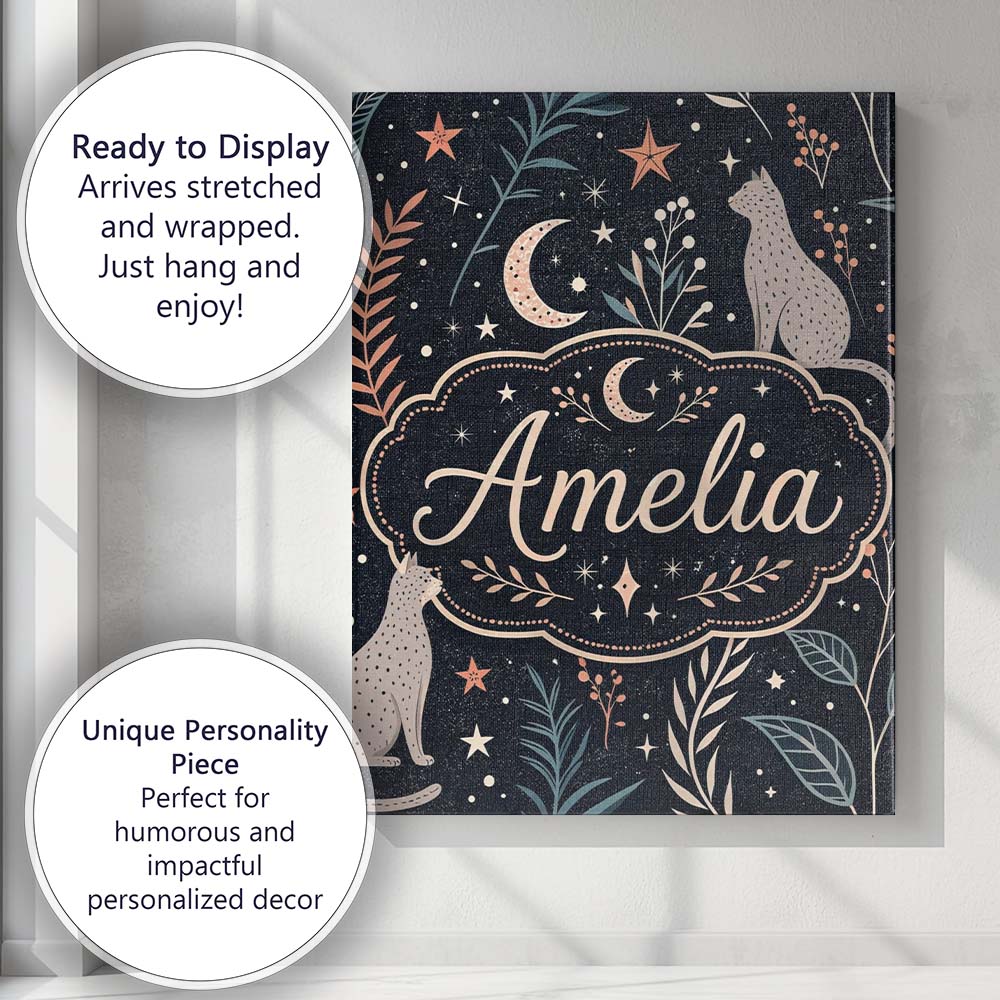 Personalised Name Celestial Cat Moon Stars Botanical Night Seamless Custom Canvas Wall Art Print Decor Picture Ready to Hang
