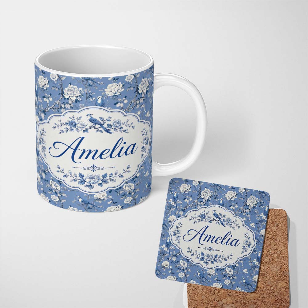 Personalized Custom Name Blue Bird Floral Branch Elegant Seamless Vintage Pattern Name Cute 11oz Ceramic Coffee Tea Mug White Large Handle