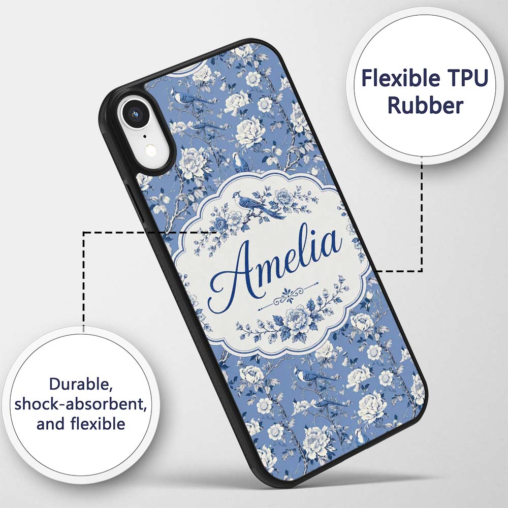 Blue Bird Floral Branch Elegant Seamless Vintage Custom Name Protective Phone Case Mobile Cover Durable Everyday Smartphone Shock Resistant