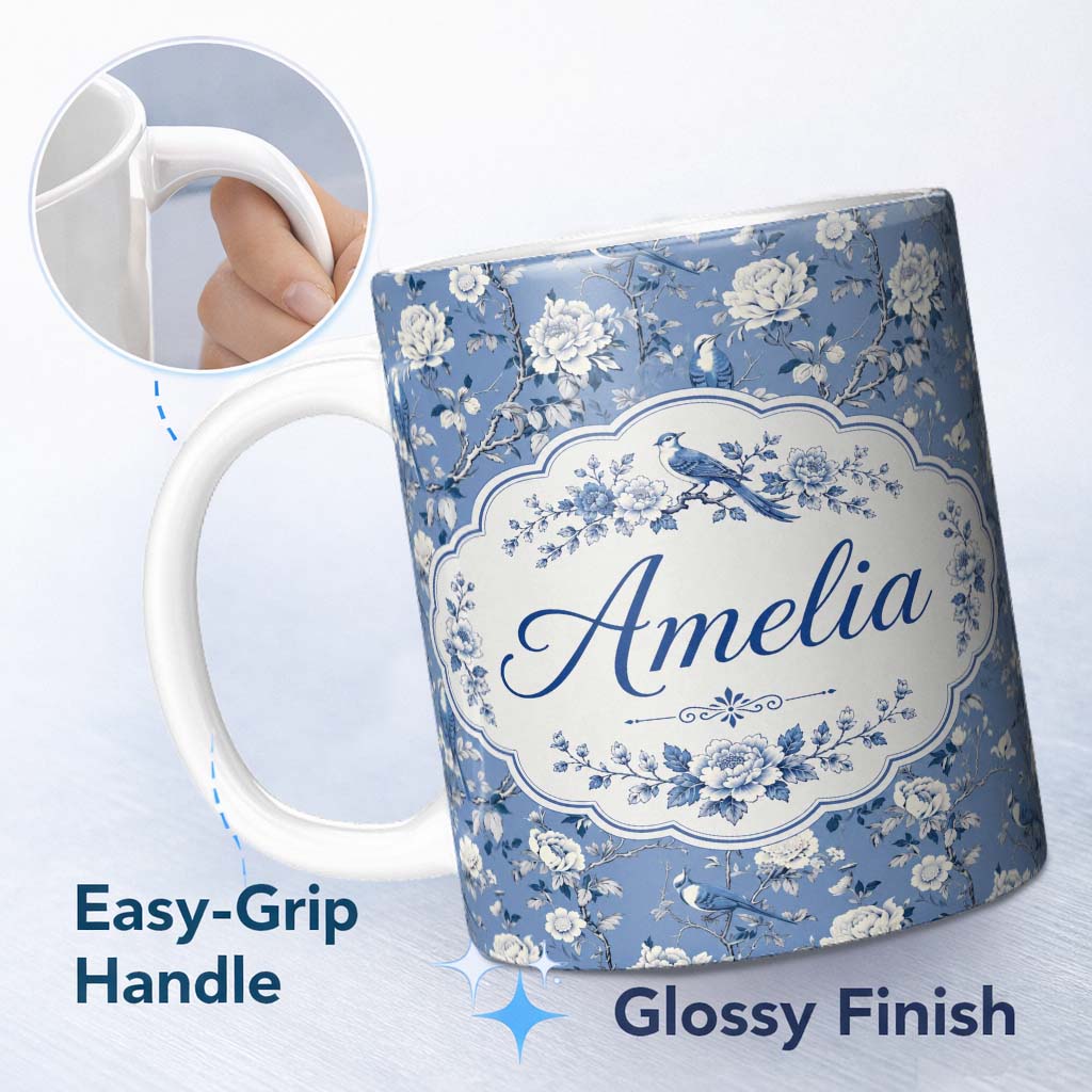 Personalized Custom Name Blue Bird Floral Branch Elegant Seamless Vintage Pattern Name Cute 11oz Ceramic Coffee Tea Mug White Large Handle