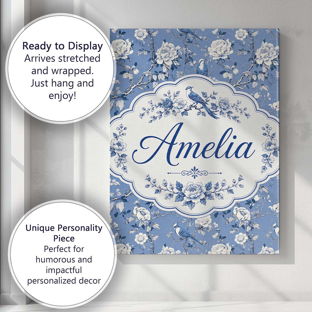 Personalised Name Blue Bird Floral Branch Custom Unique Gift Idea Elegant Feature Canvas Wall Art Print Decor Picture Ready to Hang