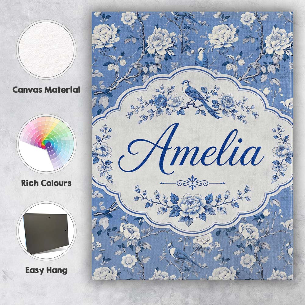 Personalised Name Blue Bird Floral Branch Custom Unique Gift Idea Elegant Feature Canvas Wall Art Print Decor Picture Ready to Hang