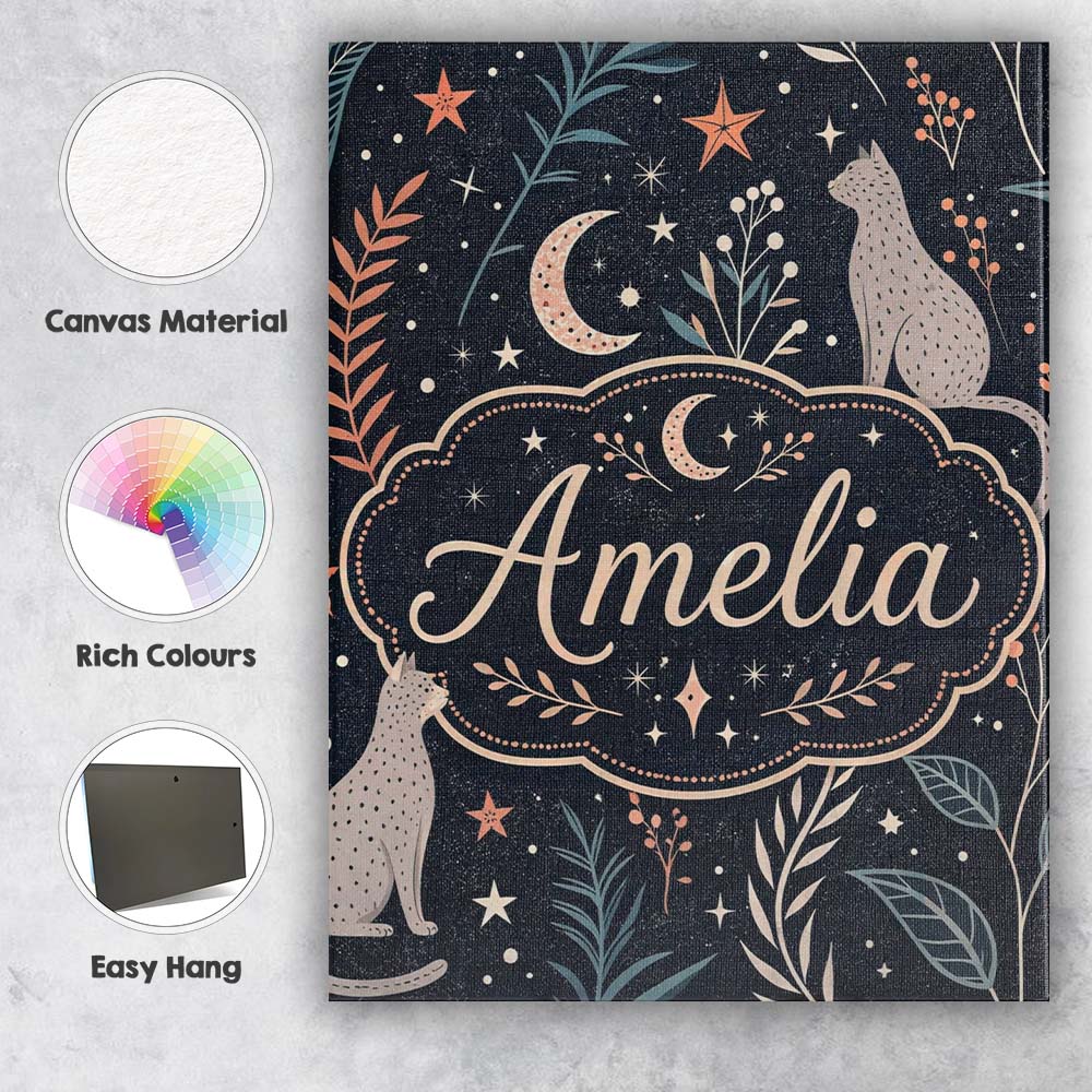 Personalised Name Celestial Cat Moon Stars Botanical Night Seamless Custom Canvas Wall Art Print Decor Picture Ready to Hang