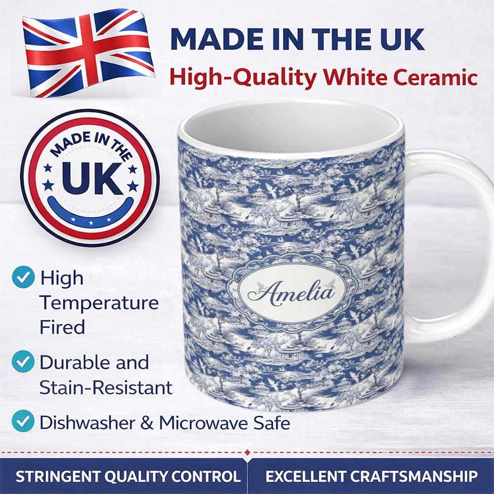 Personalized Custom Name Detailed Blue Crane Garden Pagoda Scenic Seamless Pattern Custom 11oz Ceramic Coffee Tea Mug White Large Handle