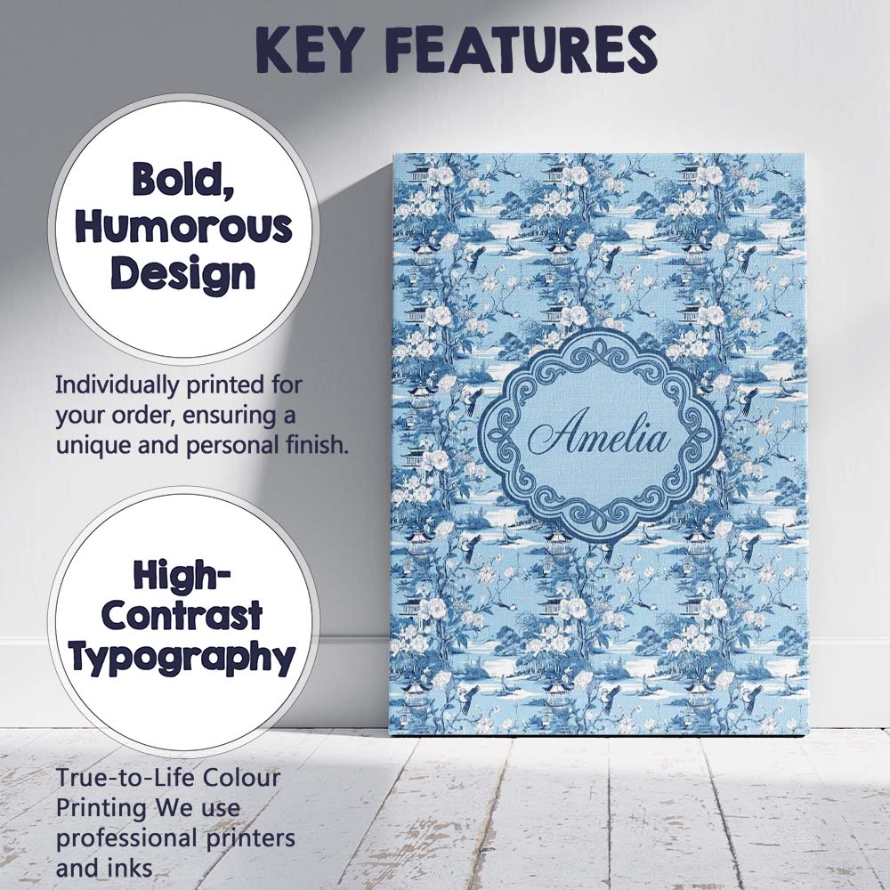 Personalised Name Blue Floral Bird Botanical Custom Bespoke Contemporary Display Canvas Wall Art Print Decor Picture Ready to Hang