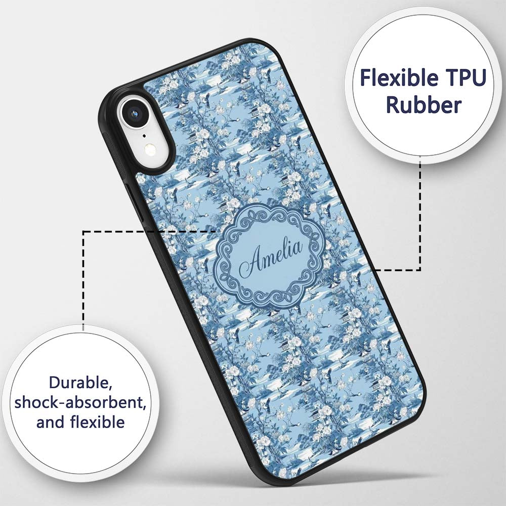 Blue Floral Bird Botanical Vintage Printed Design Custom Name Protective Phone Case Mobile Cover Durable Everyday Smartphone Shock Resistant
