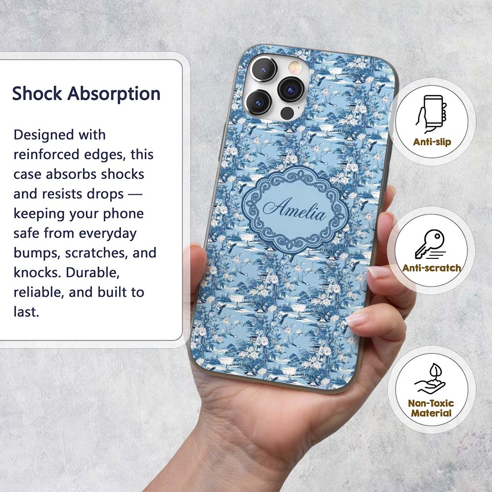 Blue Floral Bird Botanical Vintage Printed Design Custom Name Protective Phone Case Mobile Cover Durable Everyday Smartphone Shock Resistant