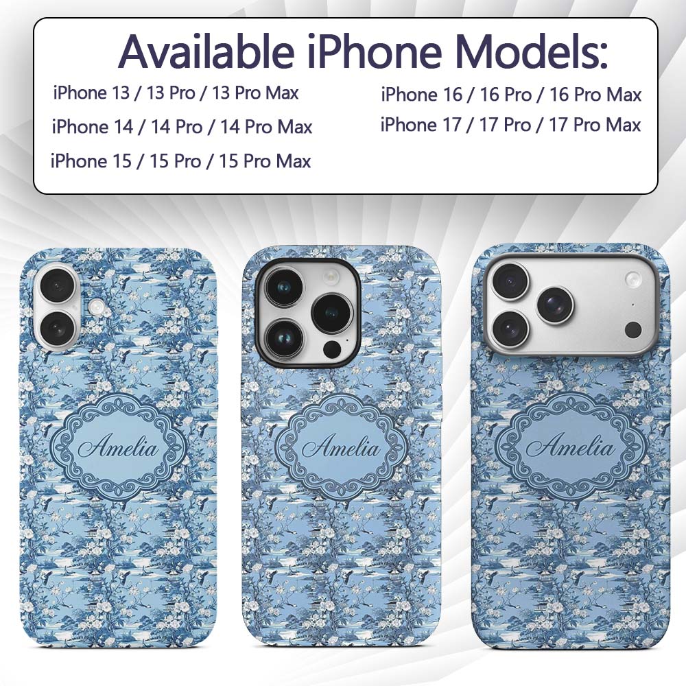 Blue Floral Bird Botanical Vintage Printed Design Custom Name Protective Phone Case Mobile Cover Durable Everyday Smartphone Shock Resistant
